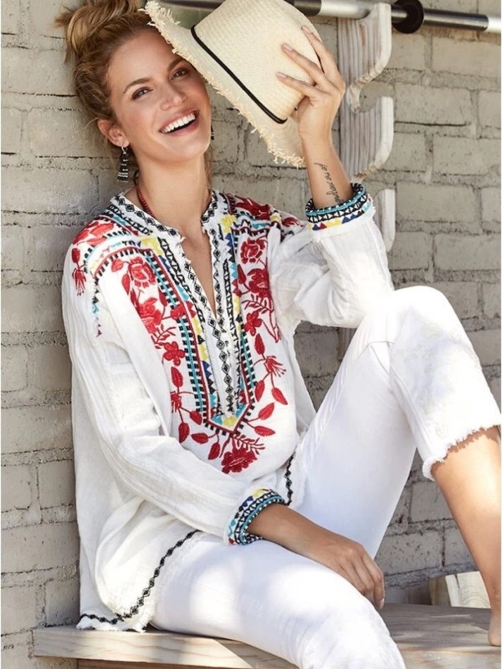 Johnny Was White Tunic with Red Floral Embroidery and Multicolor Trim